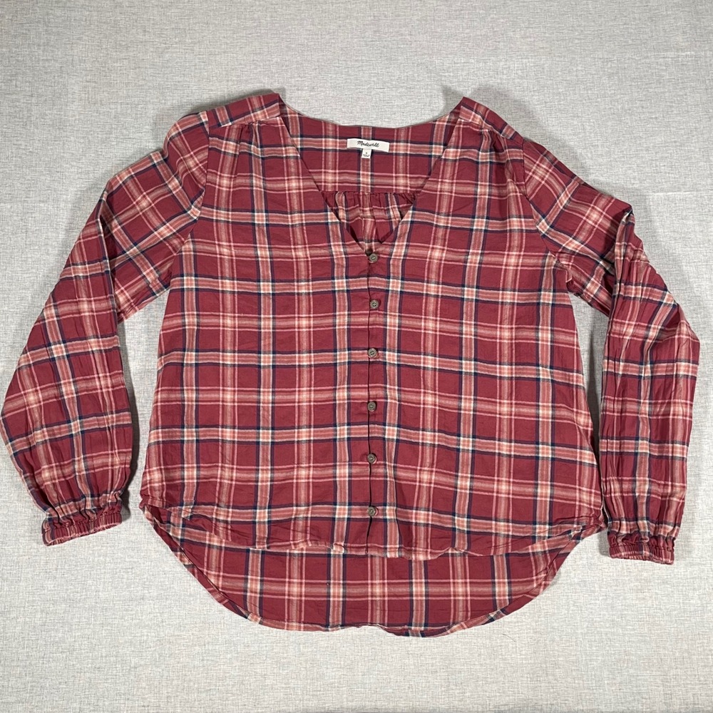 Madewell Plaid Button Down Long Sleeve Top Blouse Red Blue Women's Size Small